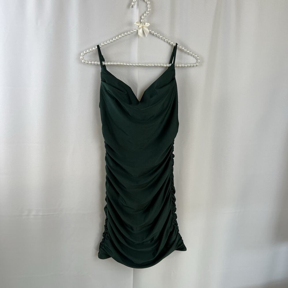 B. Darlin Spaghetti Strap Cowl Neck Ruched Bodycon Dress Hunter Green Size 7/8